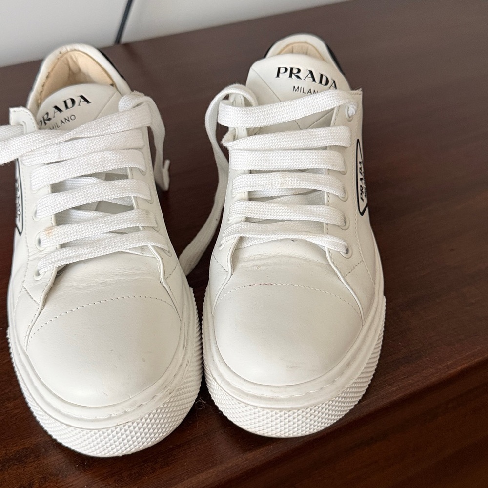 Prada White Leather Low-Top Sneakers with Black Heel - Picture 3 of 6